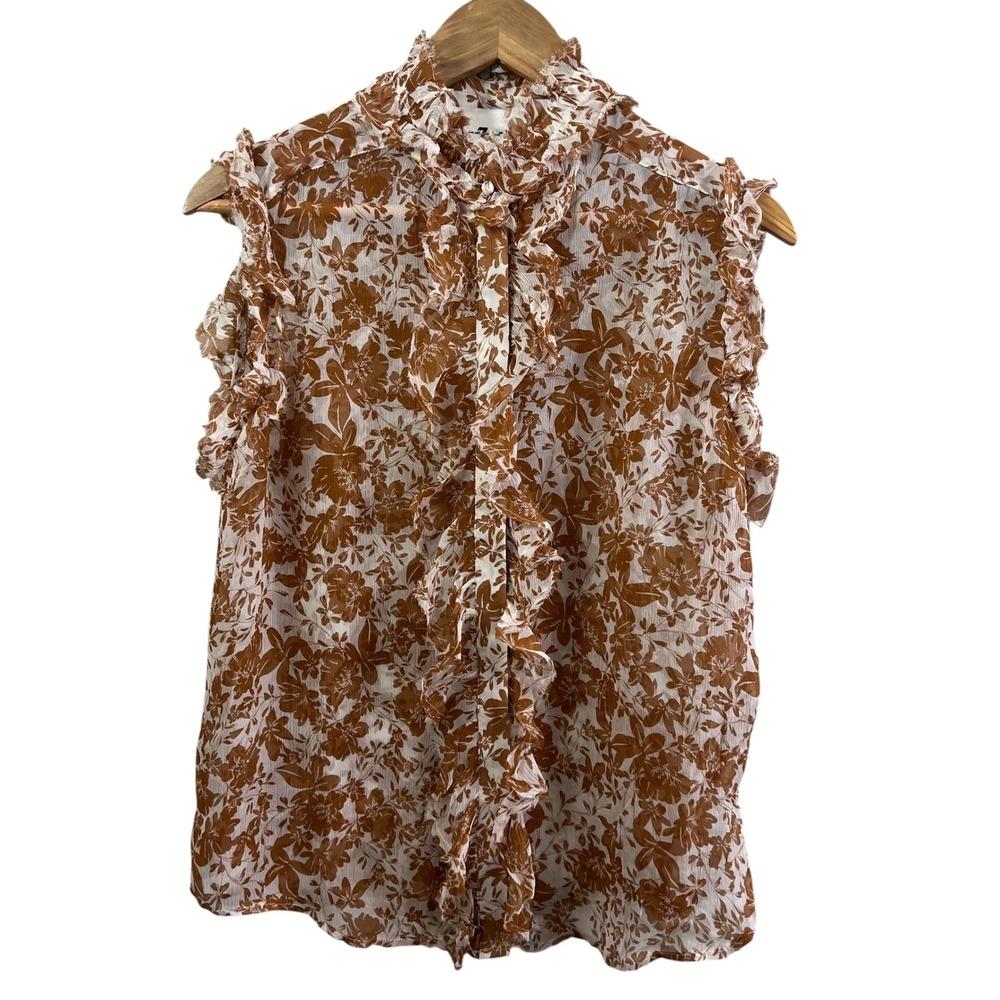7 For All Mankind Silk Floral Ruffle Blouse Brown White Size P Womens Boho Top